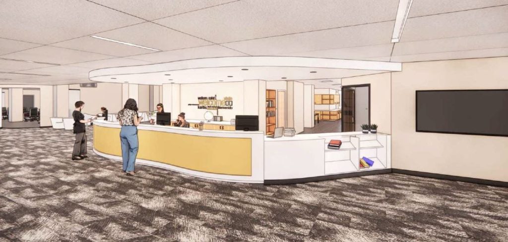 Computer rendering of Forsyth Library's redesigned welcome desk