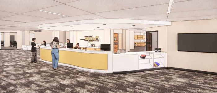 Computer rendering of Forsyth Library's redesigned welcome desk