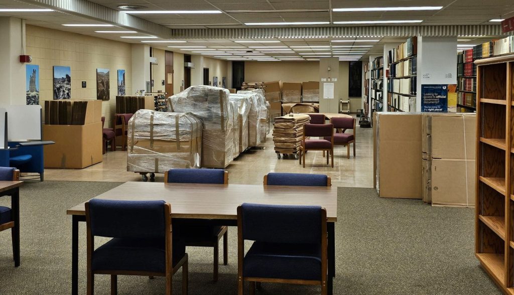 Upper level of Forsyth Library preparing for collection move